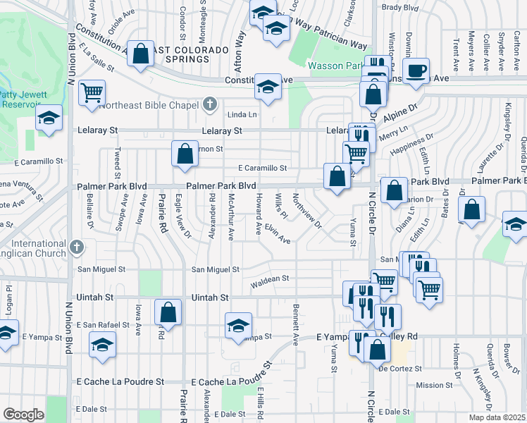 map of restaurants, bars, coffee shops, grocery stores, and more near 1441 Howard Avenue in Colorado Springs
