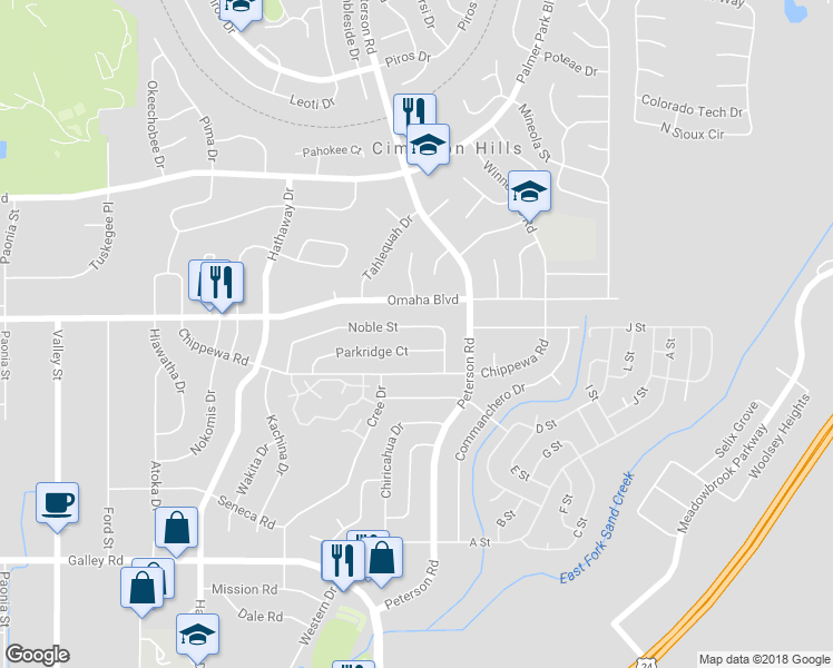 map of restaurants, bars, coffee shops, grocery stores, and more near 6851 Noble Street in Colorado Springs