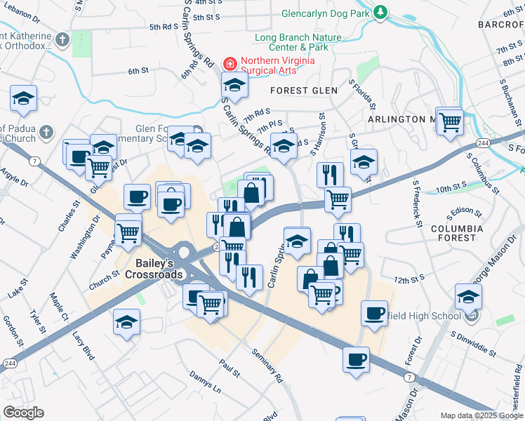 map of restaurants, bars, coffee shops, grocery stores, and more near 5624 Columbia Pike in Falls Church