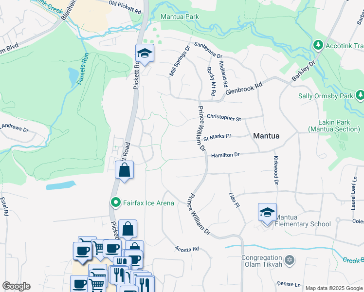 map of restaurants, bars, coffee shops, grocery stores, and more near 9307 Saint Marks Place in Fairfax