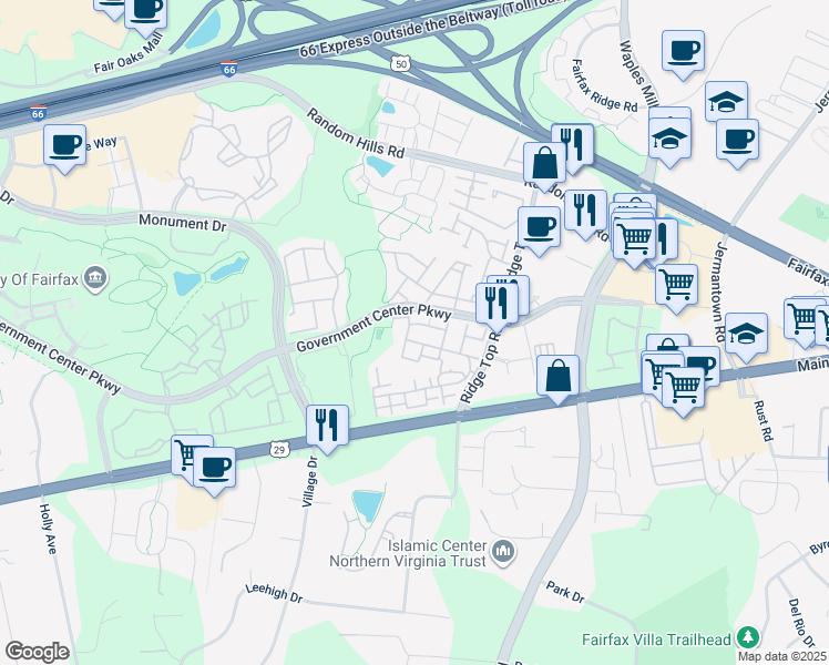 map of restaurants, bars, coffee shops, grocery stores, and more near 4097 River Forth Drive in Fairfax