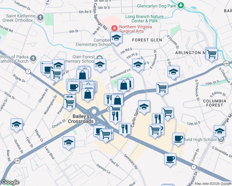 map of restaurants, bars, coffee shops, grocery stores, and more near 3417 Spring Lane in Falls Church