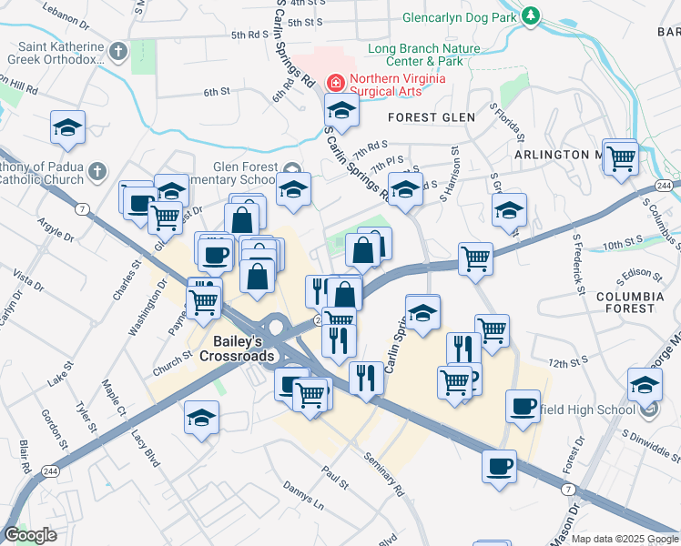 map of restaurants, bars, coffee shops, grocery stores, and more near 3417 Spring Lane in Falls Church