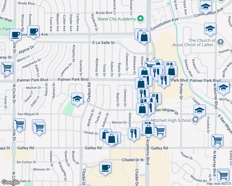 map of restaurants, bars, coffee shops, grocery stores, and more near 1406 Baylor Drive in Colorado Springs
