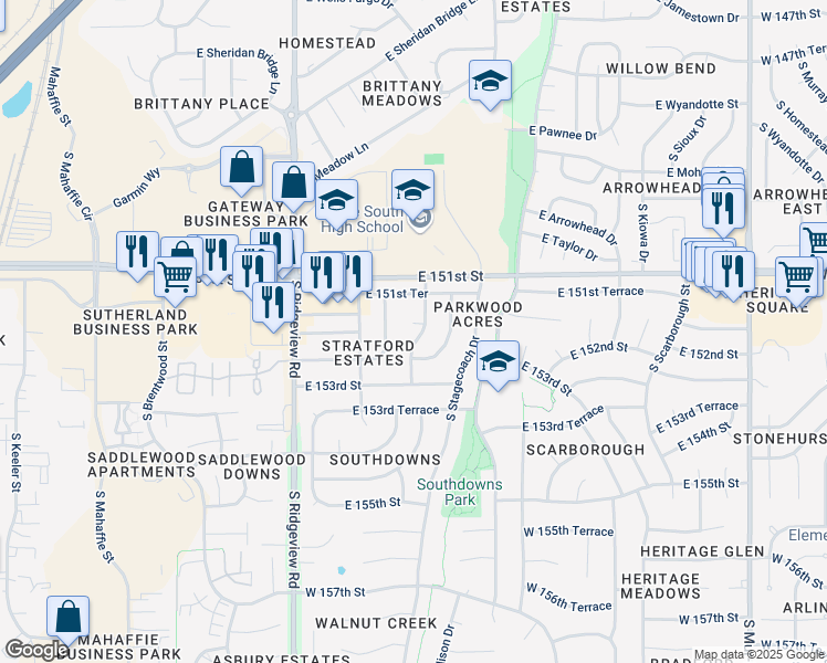 map of restaurants, bars, coffee shops, grocery stores, and more near 1835 South Lennox Drive in Olathe