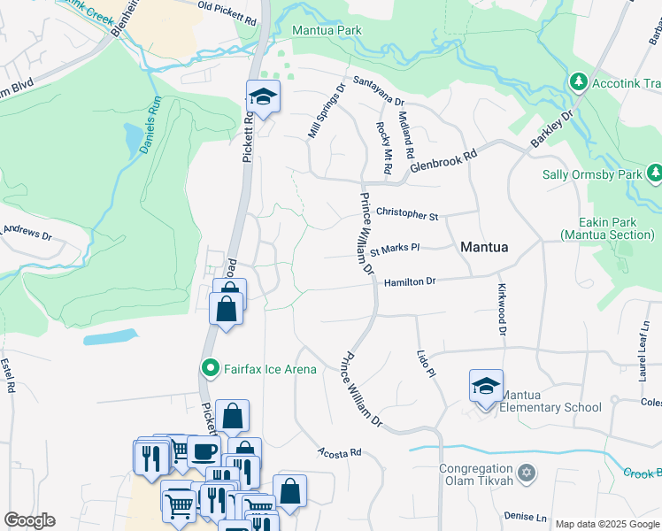 map of restaurants, bars, coffee shops, grocery stores, and more near 9307 Saint Marks Place in Fairfax