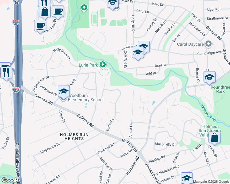 map of restaurants, bars, coffee shops, grocery stores, and more near 3408 Surrey Lane in Falls Church