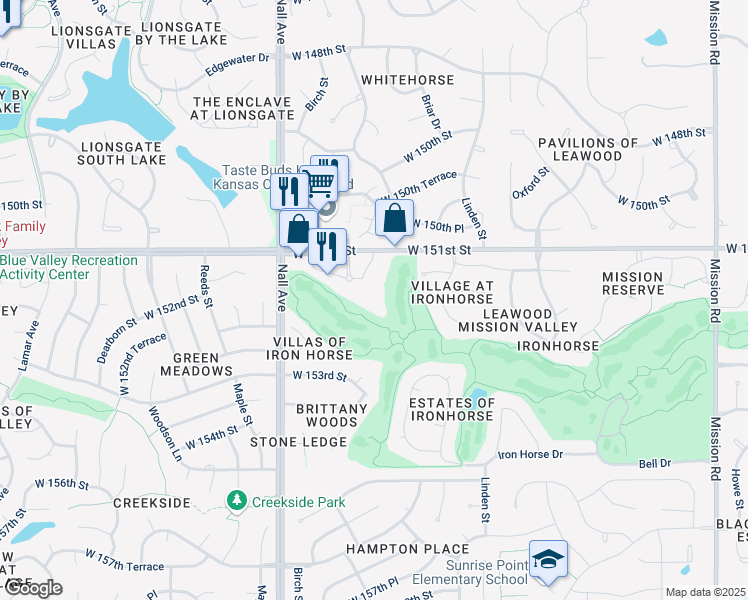 map of restaurants, bars, coffee shops, grocery stores, and more near 15141 Rosewood Drive in Overland Park