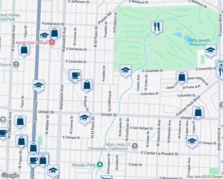 map of restaurants, bars, coffee shops, grocery stores, and more near 1339 North Prospect Street in Colorado Springs