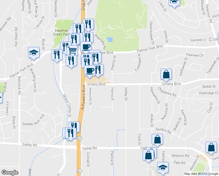 map of restaurants, bars, coffee shops, grocery stores, and more near 5965 Omaha Blvd in Colorado Springs