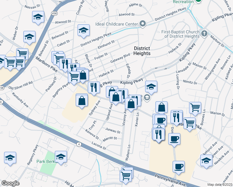 map of restaurants, bars, coffee shops, grocery stores, and more near 6600 Calvary Pl in District Heights