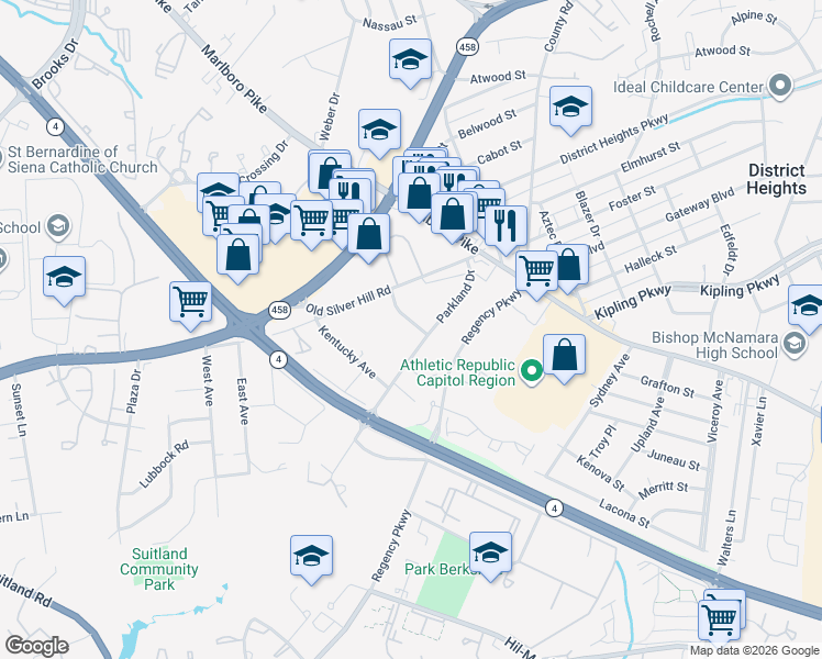 map of restaurants, bars, coffee shops, grocery stores, and more near 5913 Addison Avenue in District Heights