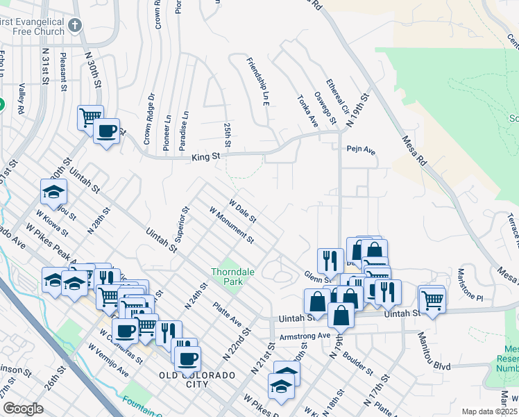 map of restaurants, bars, coffee shops, grocery stores, and more near 808 24th Street in Colorado Springs