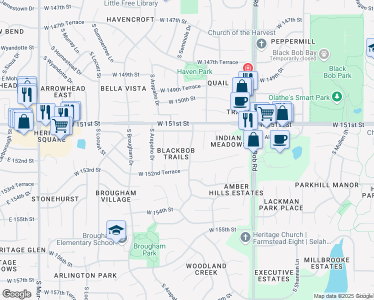 map of restaurants, bars, coffee shops, grocery stores, and more near 15122 South Blackfoot Drive in Olathe