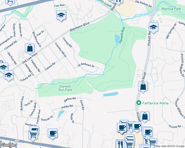 map of restaurants, bars, coffee shops, grocery stores, and more near 3617 Cornell Road in Fairfax
