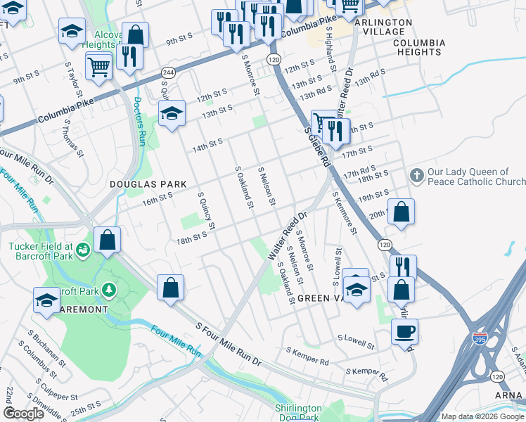 map of restaurants, bars, coffee shops, grocery stores, and more near 3715 18th Street South in Arlington