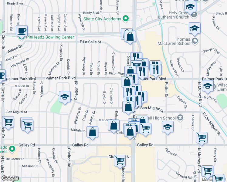 map of restaurants, bars, coffee shops, grocery stores, and more near 1407 Clemson Drive in Colorado Springs