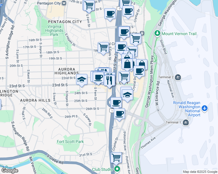 map of restaurants, bars, coffee shops, grocery stores, and more near 424 23rd Street South in Arlington