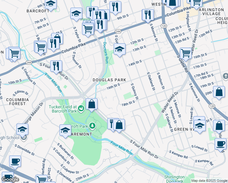 map of restaurants, bars, coffee shops, grocery stores, and more near 1616 South Stafford Street in Arlington