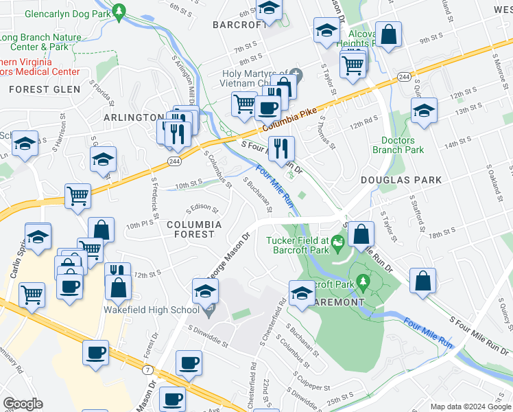 map of restaurants, bars, coffee shops, grocery stores, and more near 1213 South Columbus Street in Arlington