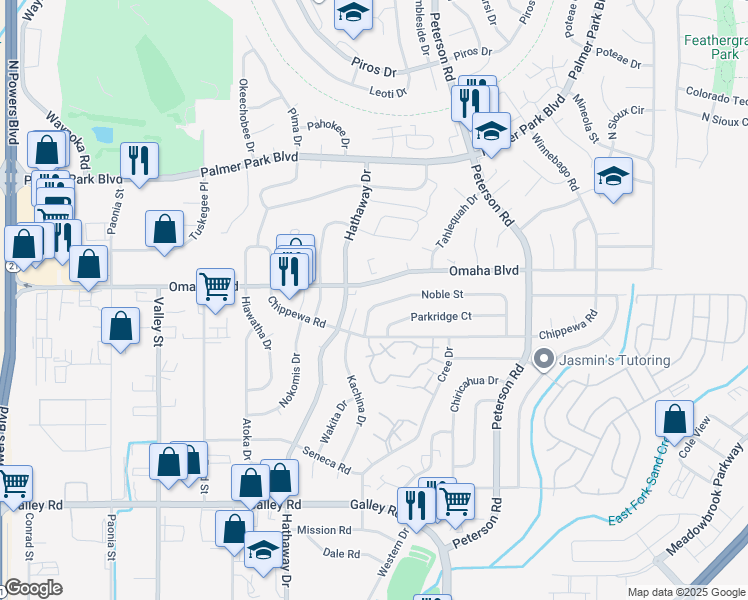 map of restaurants, bars, coffee shops, grocery stores, and more near 6610 Noble Street in Colorado Springs