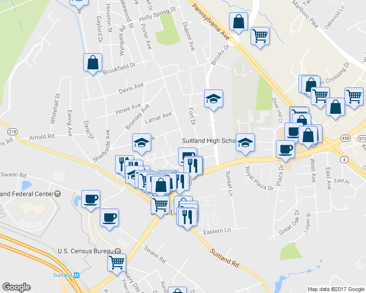 map of restaurants, bars, coffee shops, grocery stores, and more near 2615 Porter Avenue in Hillcrest Heights