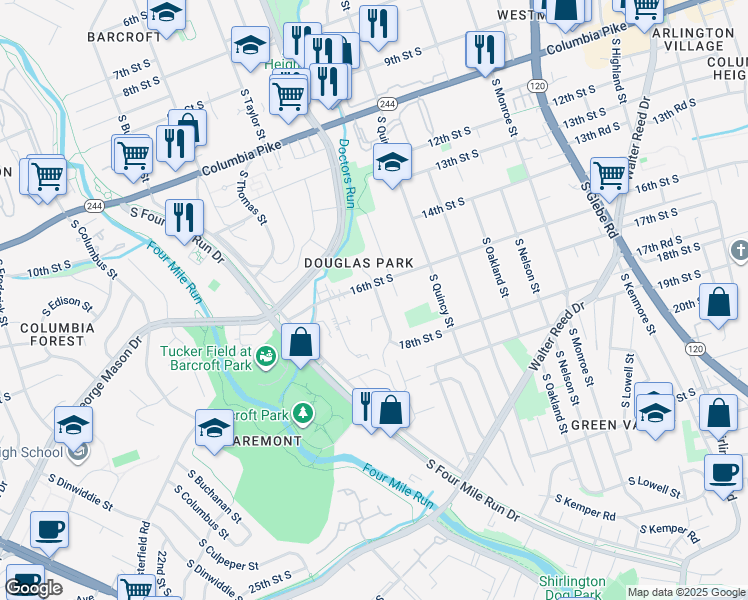 map of restaurants, bars, coffee shops, grocery stores, and more near 1616 South Stafford Street in Arlington