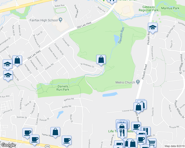 map of restaurants, bars, coffee shops, grocery stores, and more near 3617 Cornell Road in Fairfax