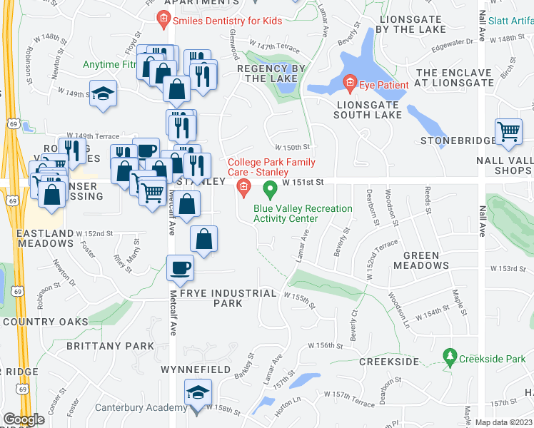 map of restaurants, bars, coffee shops, grocery stores, and more near 6638 West 151st Place in Overland Park