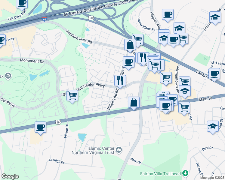 map of restaurants, bars, coffee shops, grocery stores, and more near 11432 Fogarty Court in Fairfax