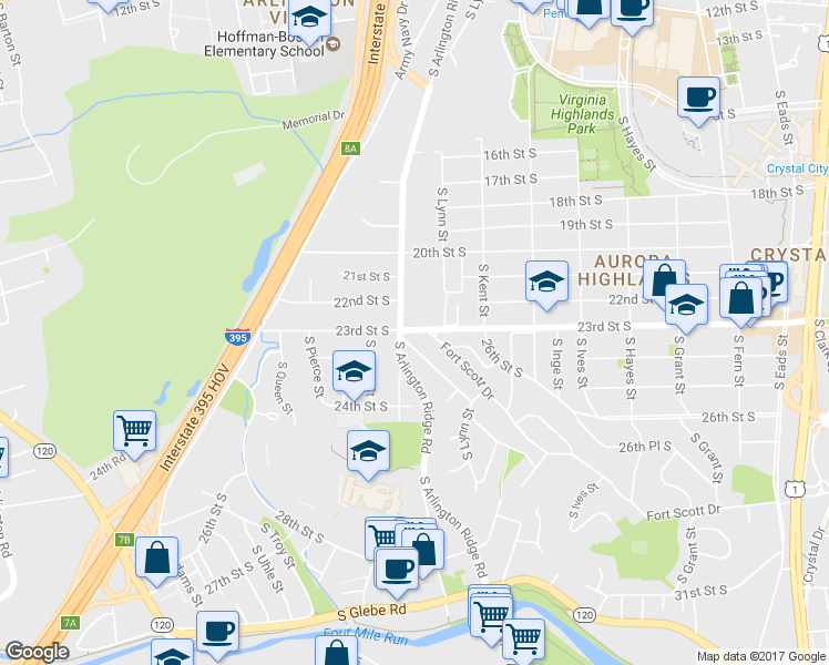 map of restaurants, bars, coffee shops, grocery stores, and more near 1230 23rd Street South in Arlington