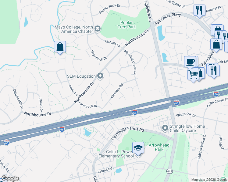map of restaurants, bars, coffee shops, grocery stores, and more near 13401 Day Valley Court in Centreville