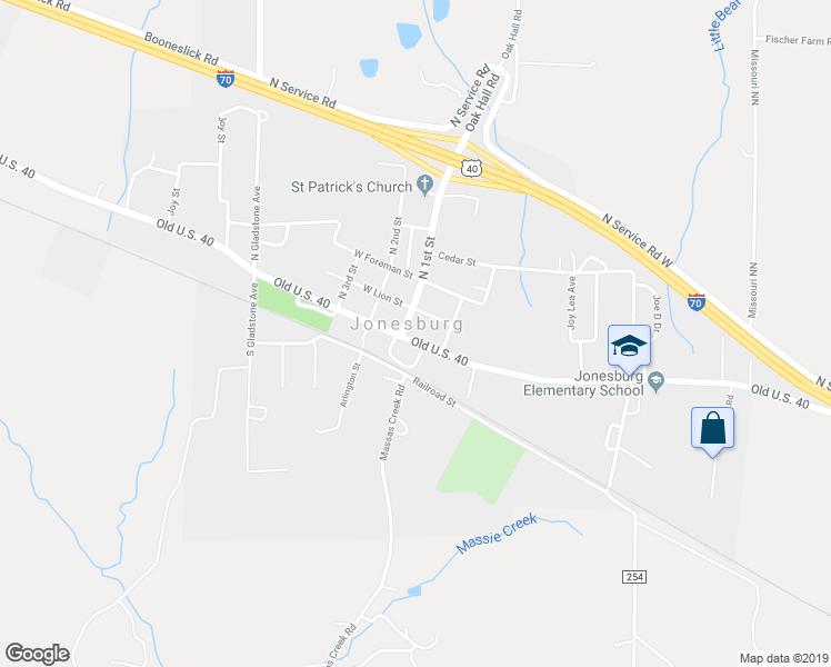 map of restaurants, bars, coffee shops, grocery stores, and more near 105 East Booneslick Road in Jonesburg