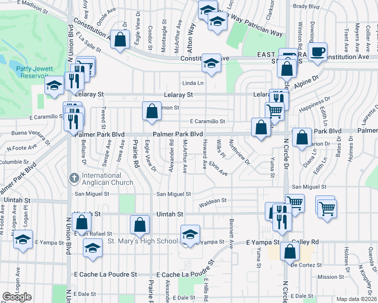 map of restaurants, bars, coffee shops, grocery stores, and more near 2504 East Buena Ventura Street in Colorado Springs
