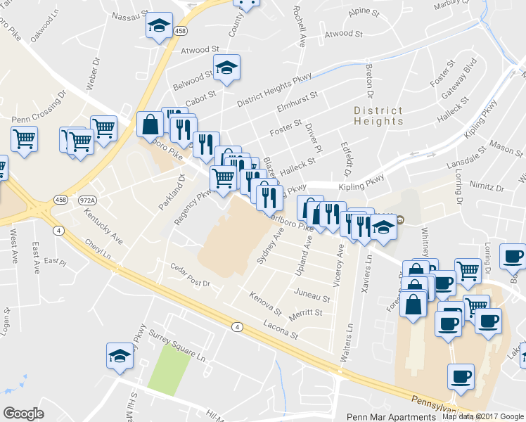 map of restaurants, bars, coffee shops, grocery stores, and more near 6451 Marlboro Pike in District Heights