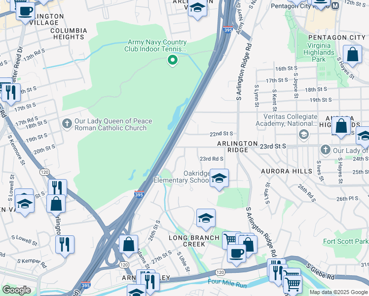 map of restaurants, bars, coffee shops, grocery stores, and more near 1415 South Queen Street in Arlington