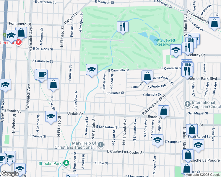 map of restaurants, bars, coffee shops, grocery stores, and more near 1412 North Cedar Street in Colorado Springs