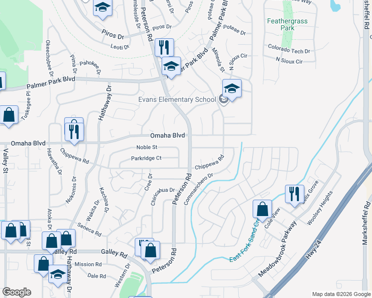 map of restaurants, bars, coffee shops, grocery stores, and more near 6914 Noble Street in Colorado Springs
