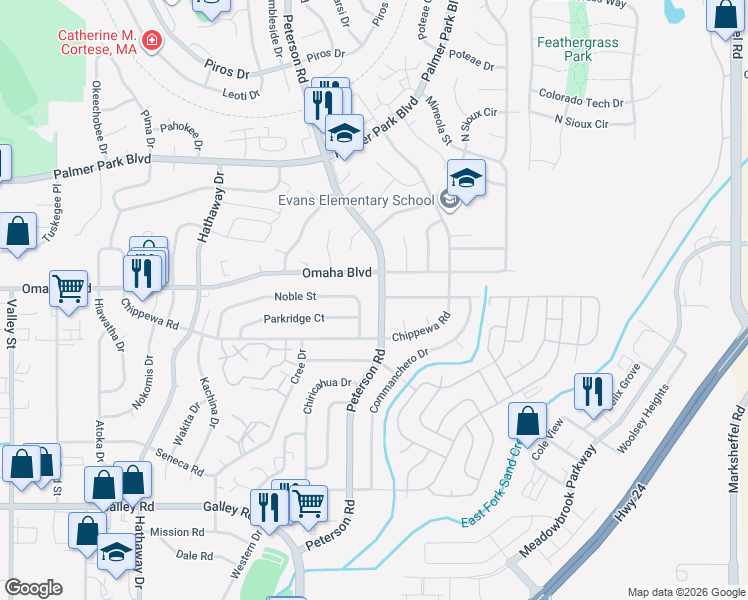 map of restaurants, bars, coffee shops, grocery stores, and more near 6914 Noble Street in Colorado Springs