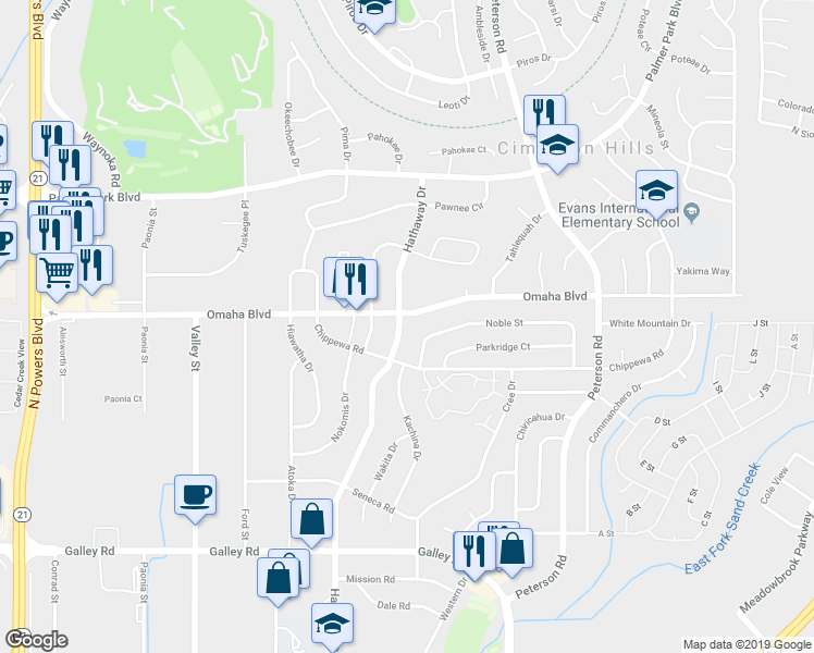 map of restaurants, bars, coffee shops, grocery stores, and more near 1466 Hathaway Drive in Colorado Springs