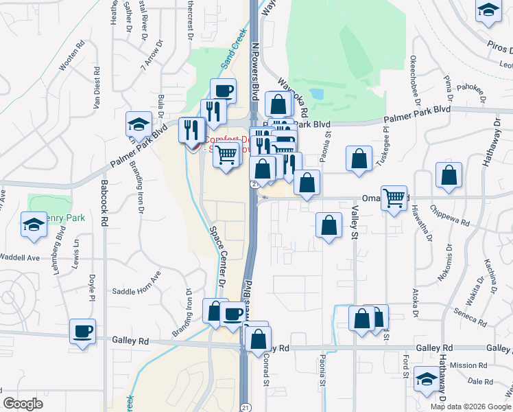 map of restaurants, bars, coffee shops, grocery stores, and more near 1480 Ainsworth Street in Colorado Springs