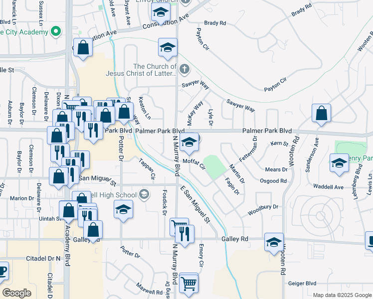 map of restaurants, bars, coffee shops, grocery stores, and more near 1409 De Reamer Circle in Colorado Springs
