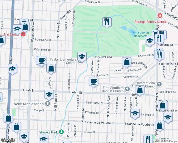 map of restaurants, bars, coffee shops, grocery stores, and more near 1410 Custer Avenue in Colorado Springs
