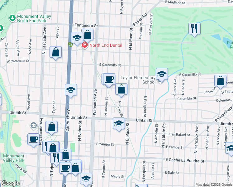 map of restaurants, bars, coffee shops, grocery stores, and more near 1352 Lindenwood Grove in Colorado Springs