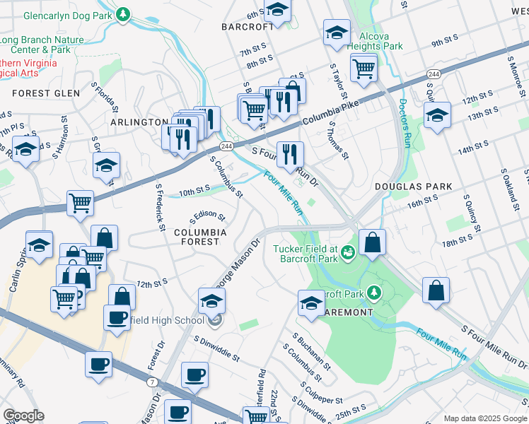 map of restaurants, bars, coffee shops, grocery stores, and more near 1213 South Columbus Street in Arlington