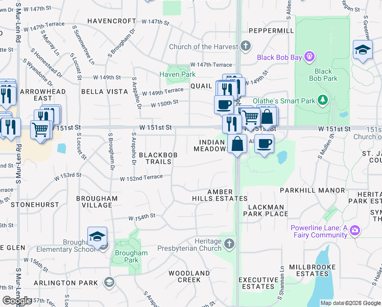 map of restaurants, bars, coffee shops, grocery stores, and more near 15129 South Kaw Drive in Olathe