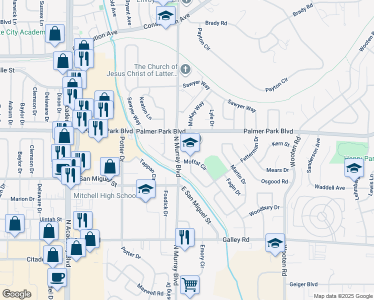 map of restaurants, bars, coffee shops, grocery stores, and more near 1409 De Reamer Circle in Colorado Springs