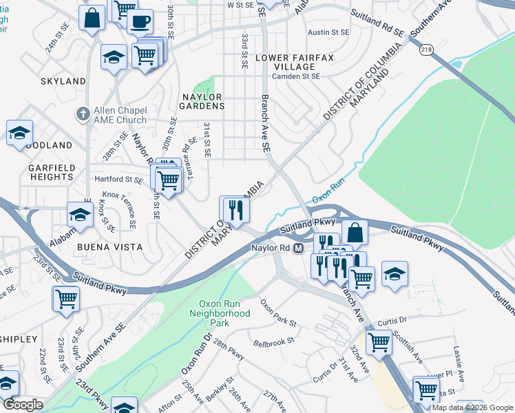 map of restaurants, bars, coffee shops, grocery stores, and more near 3001 Branch Avenue in Temple Hills