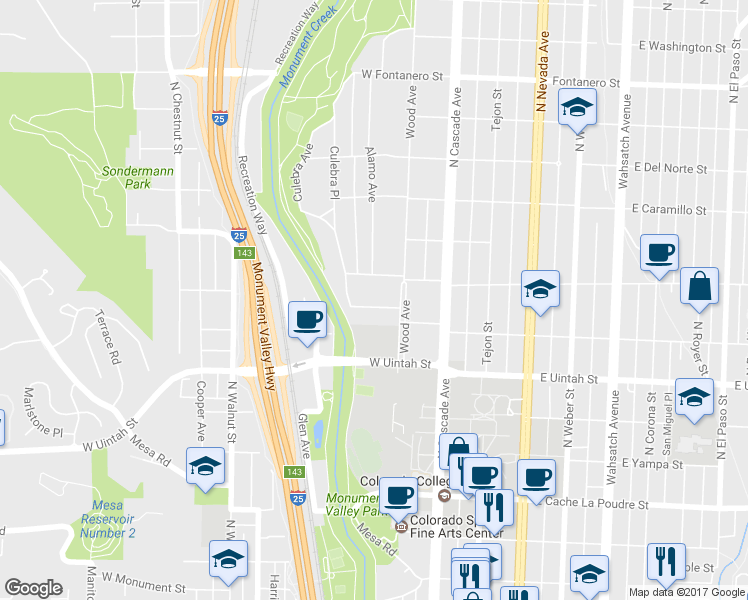 map of restaurants, bars, coffee shops, grocery stores, and more near 124 Wood Terrace Drive in Colorado Springs