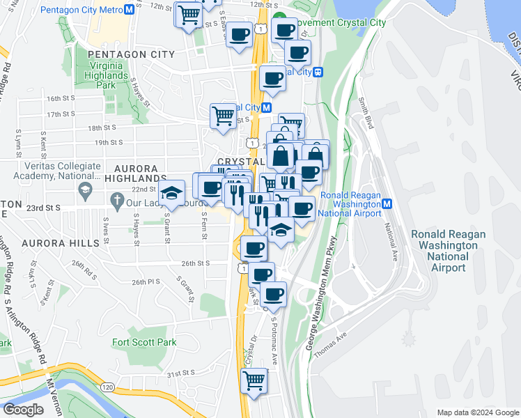 map of restaurants, bars, coffee shops, grocery stores, and more near 2301 Richmond Highway in Arlington